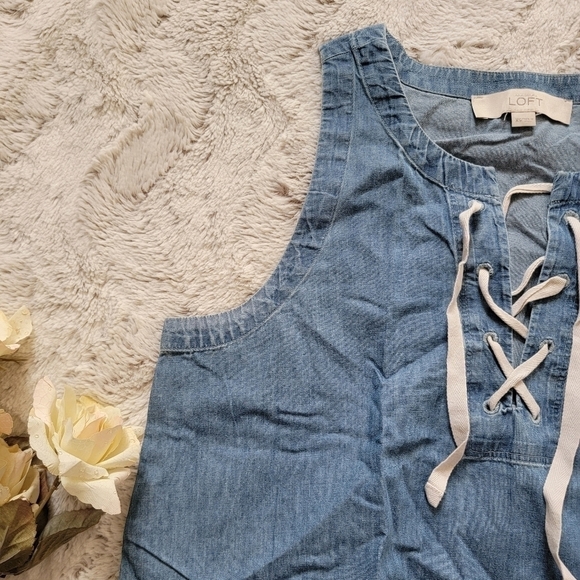 Loft 100% Cotton Blue Denim Style Lace Up Collar Sleeveless Dress XS - Picture 4 of 9
